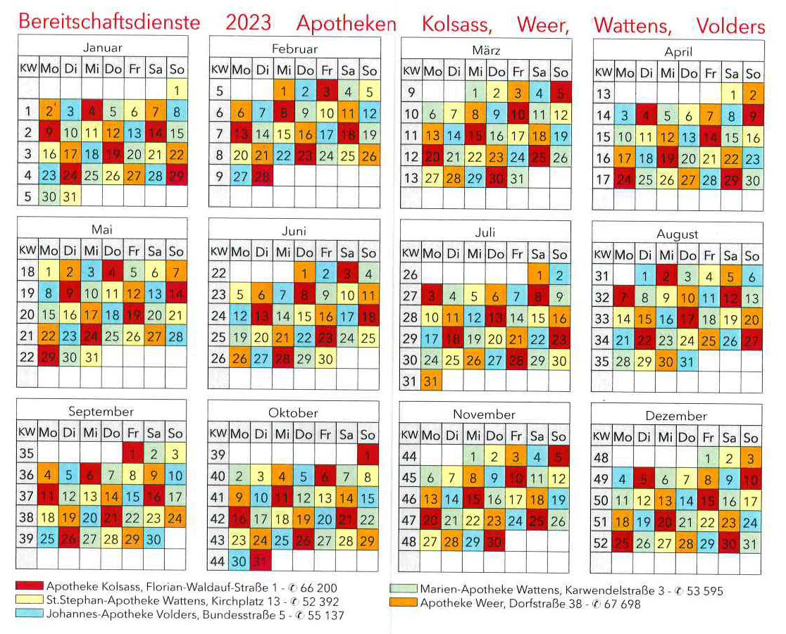 Bereitschaftsdienstkalender 2023