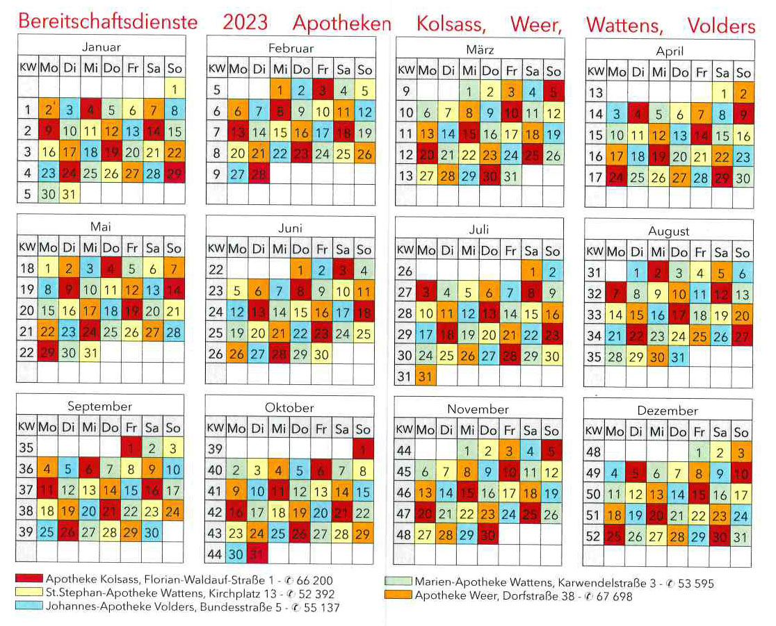 Bereitschaftsdienstkalender 2023
